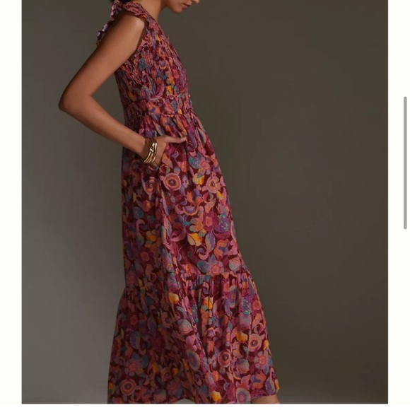 NWOT Anthropologie Peregrine mixed print burgundy smocked maxi dress - Picture 5 of 11